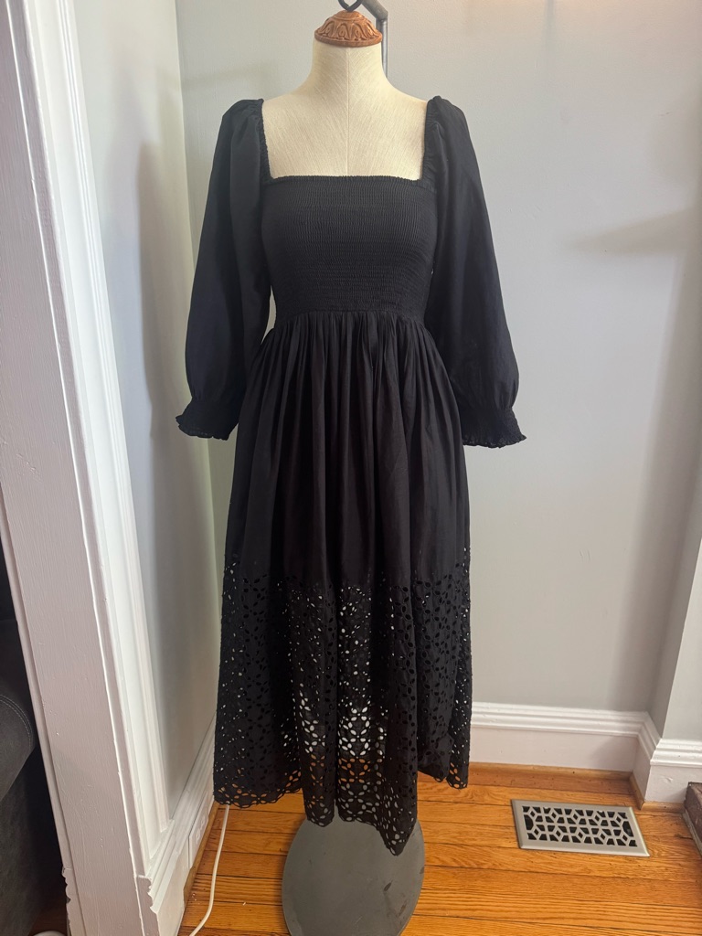 Free People Black Eyelet Midi Dress With Smocked Bodice And Puff Sleeves